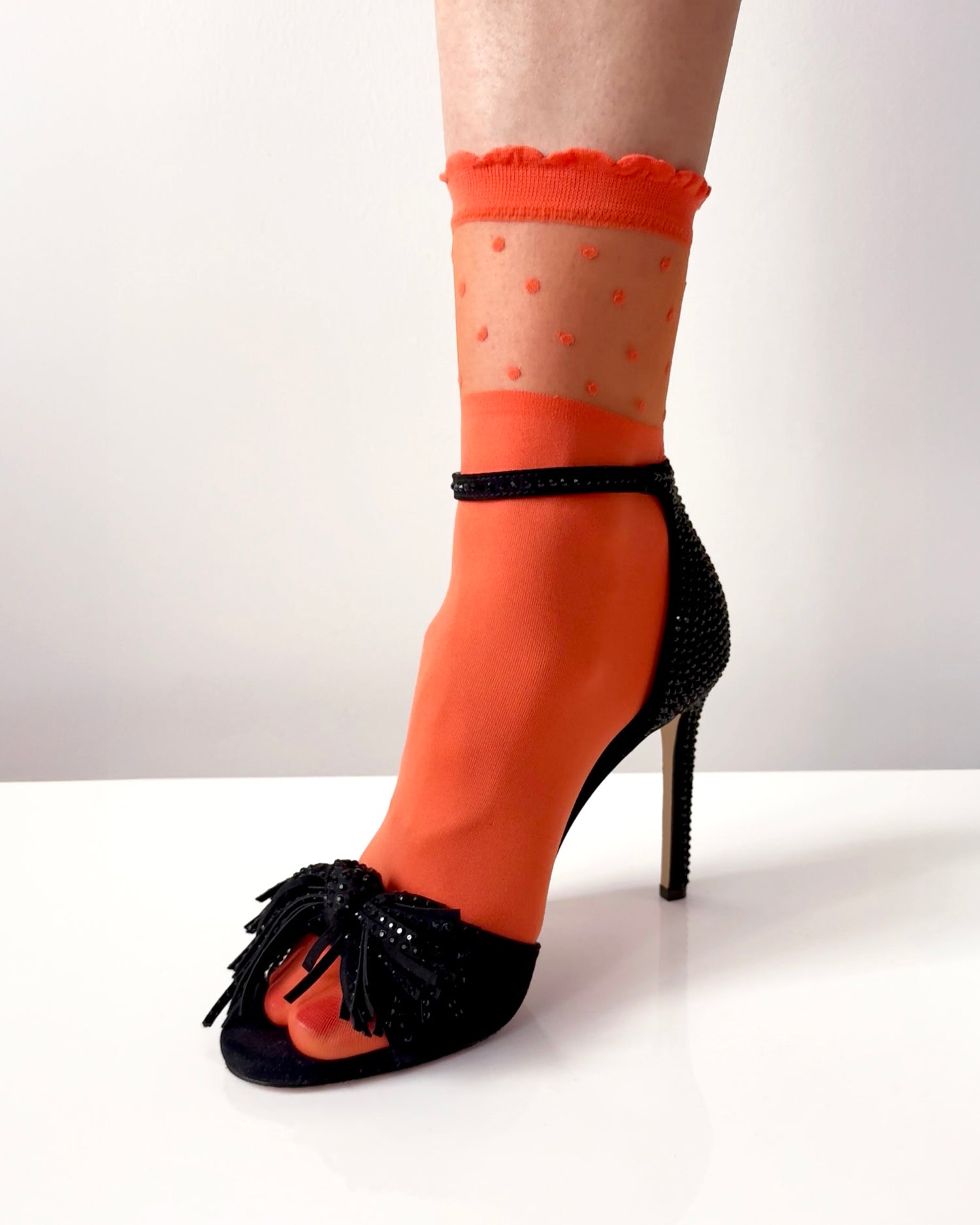 orange ruffle socks featuring polka dots, fashion socks, nylon ankle socks, fancy socks