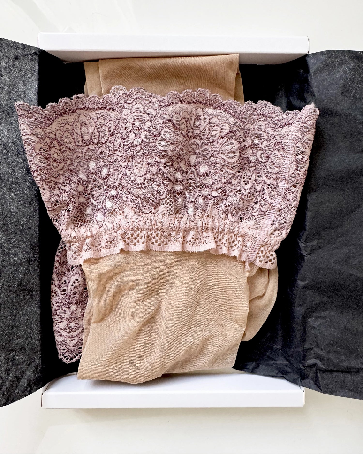 Beige thigh highs with gorgeous lace top in premium box. A perfect gift for women.