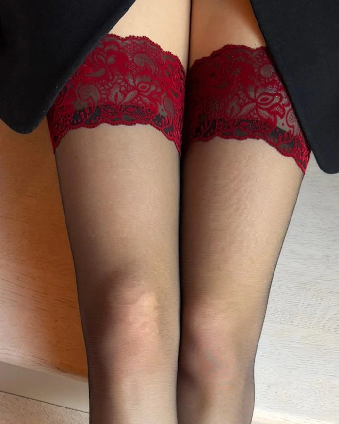 black thigh highs, red lace top stockings, sheer thigh high stockings