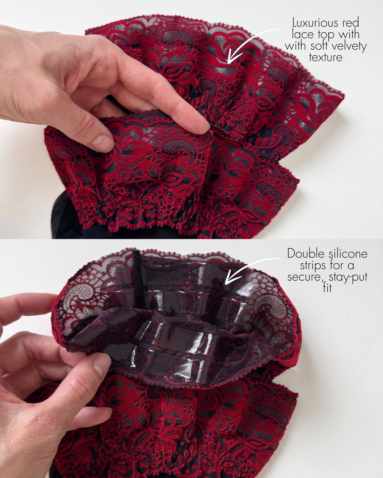 black thigh high stockings with a luxurious velvety red lace top. Sheer thigh highs with double silicone strips - thigh highs that stay up.