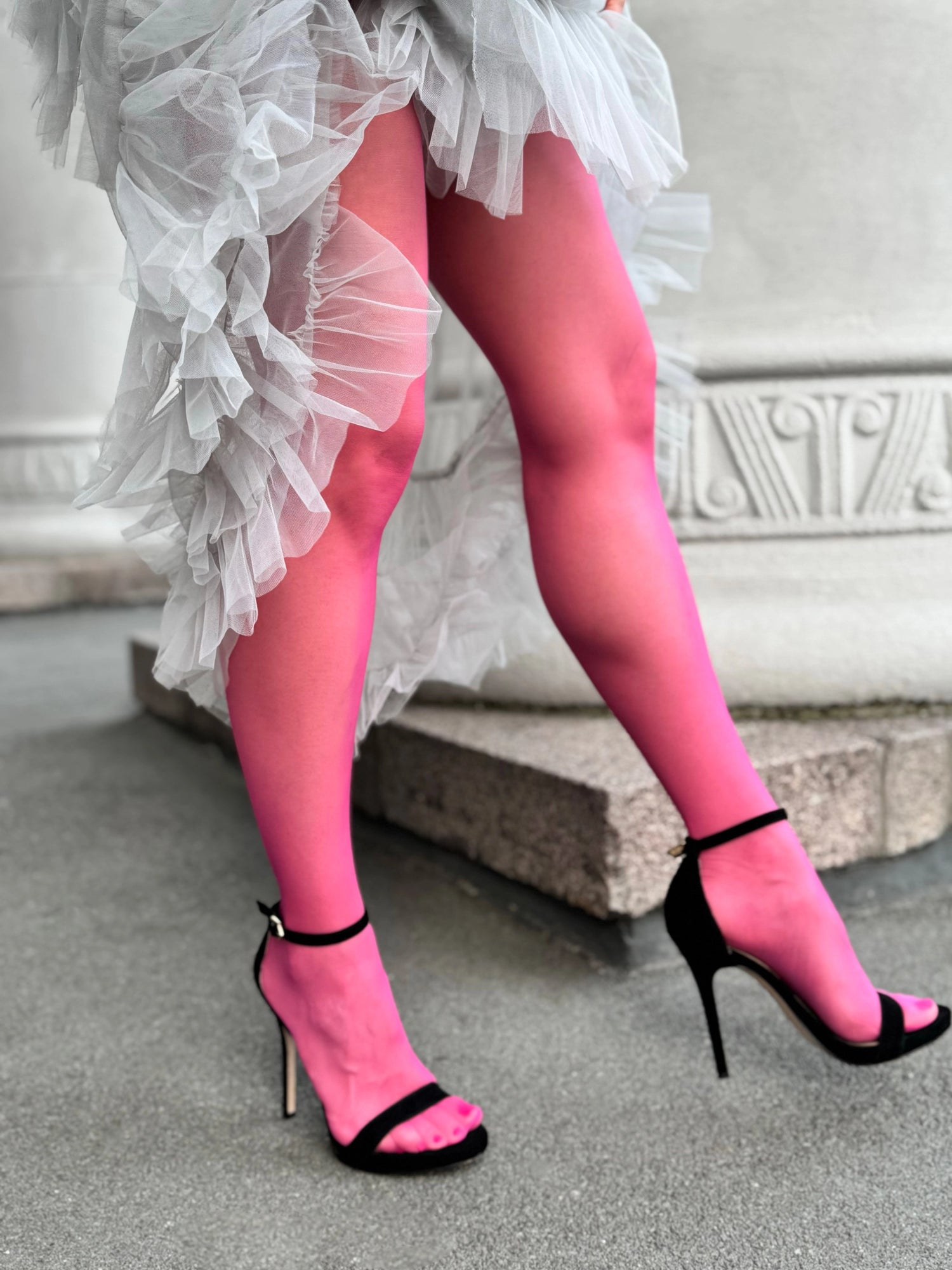 Fall edit: colored tights. Women's sheer tights. Pink tights with black heels