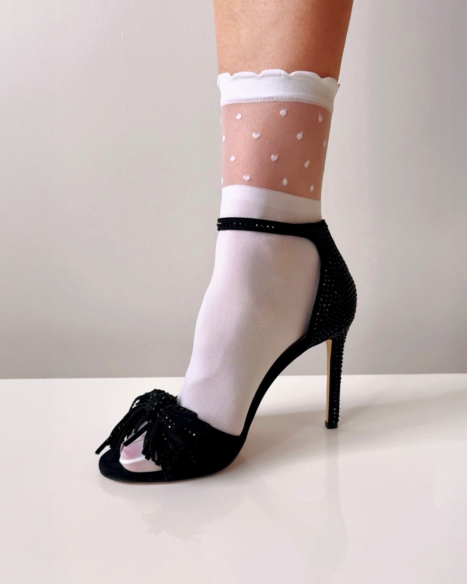 frill white socks featuring dot pattern. fashion socks, sheer ankle socks
