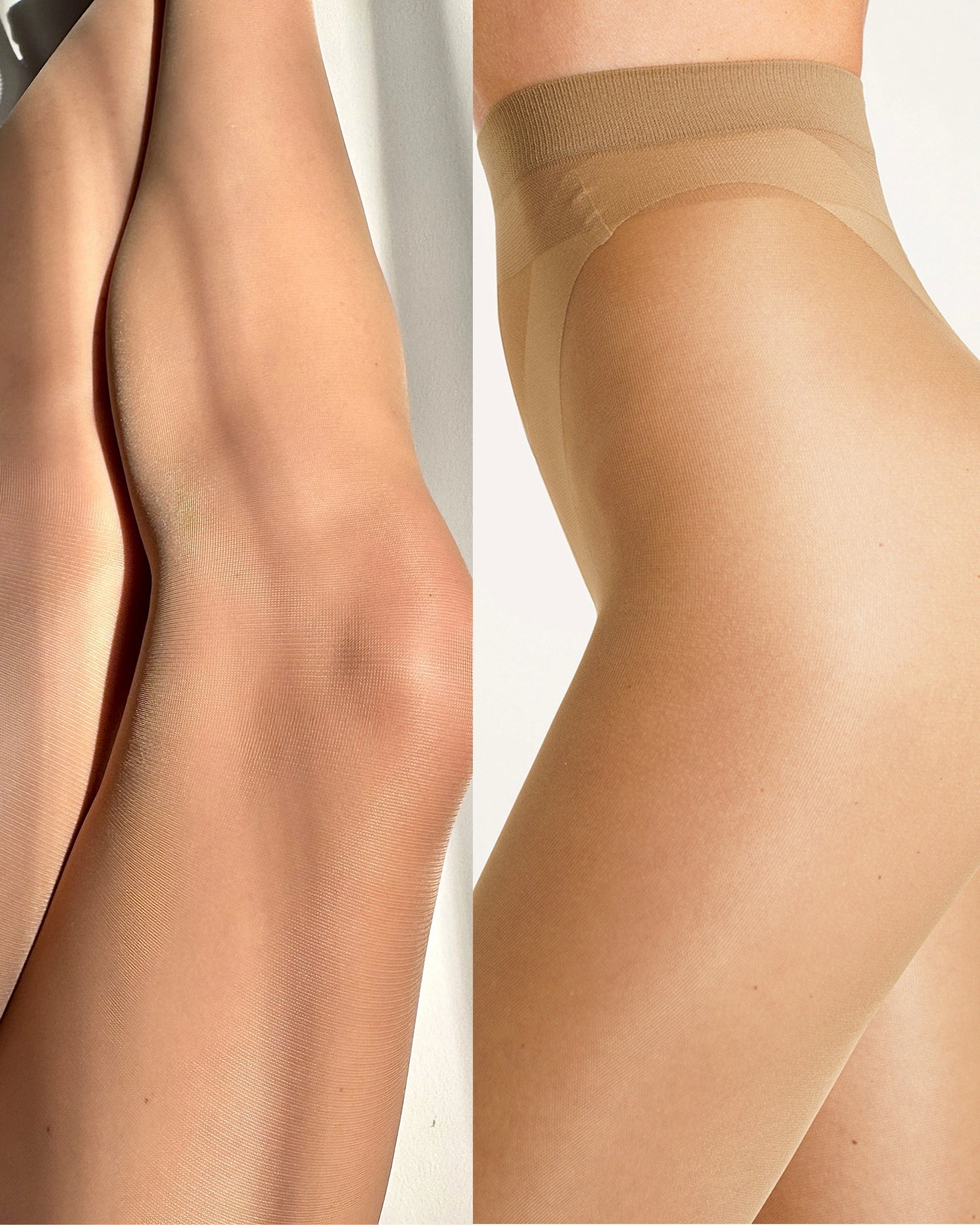 Incredibly soft Ohdita brown sheer tights in beige that feel like a silk on your skin. Comfortable silky smooth sheer to waist pantyhose for everyday wear that do not squeeze.