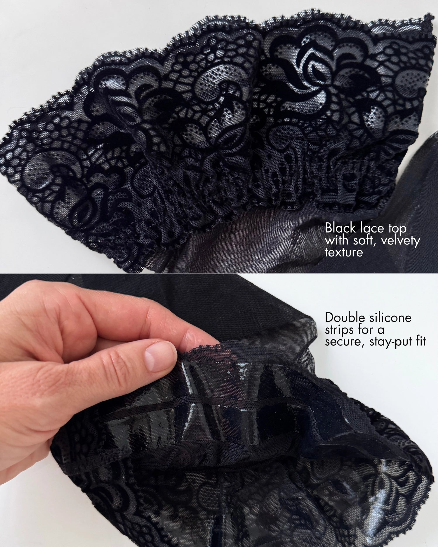 Gorgeous black lace top of high quality thigh high stockings with double silicone strips for a secure fit.