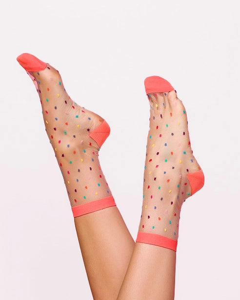 Ohdita sheer socks, polka dot socks with colorful dots, dark pink cuffs and toes for women who enjoy dressing up and an aesthetic style. Fancy fashion socks for elevated casual style or chic dressy outfits. Lightweight summer socks for fashion styling - perfect with heels, sneakers, dresses, shorts and jeans.