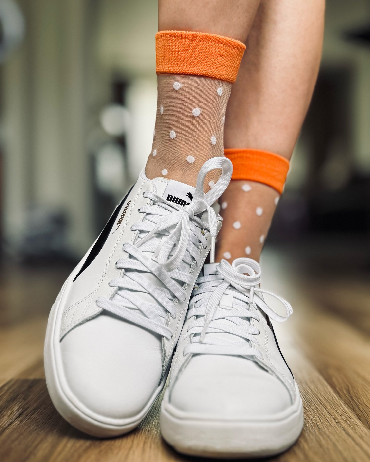Ohdita Women's sheer polka dot socks - white and orange socks, nylon socks