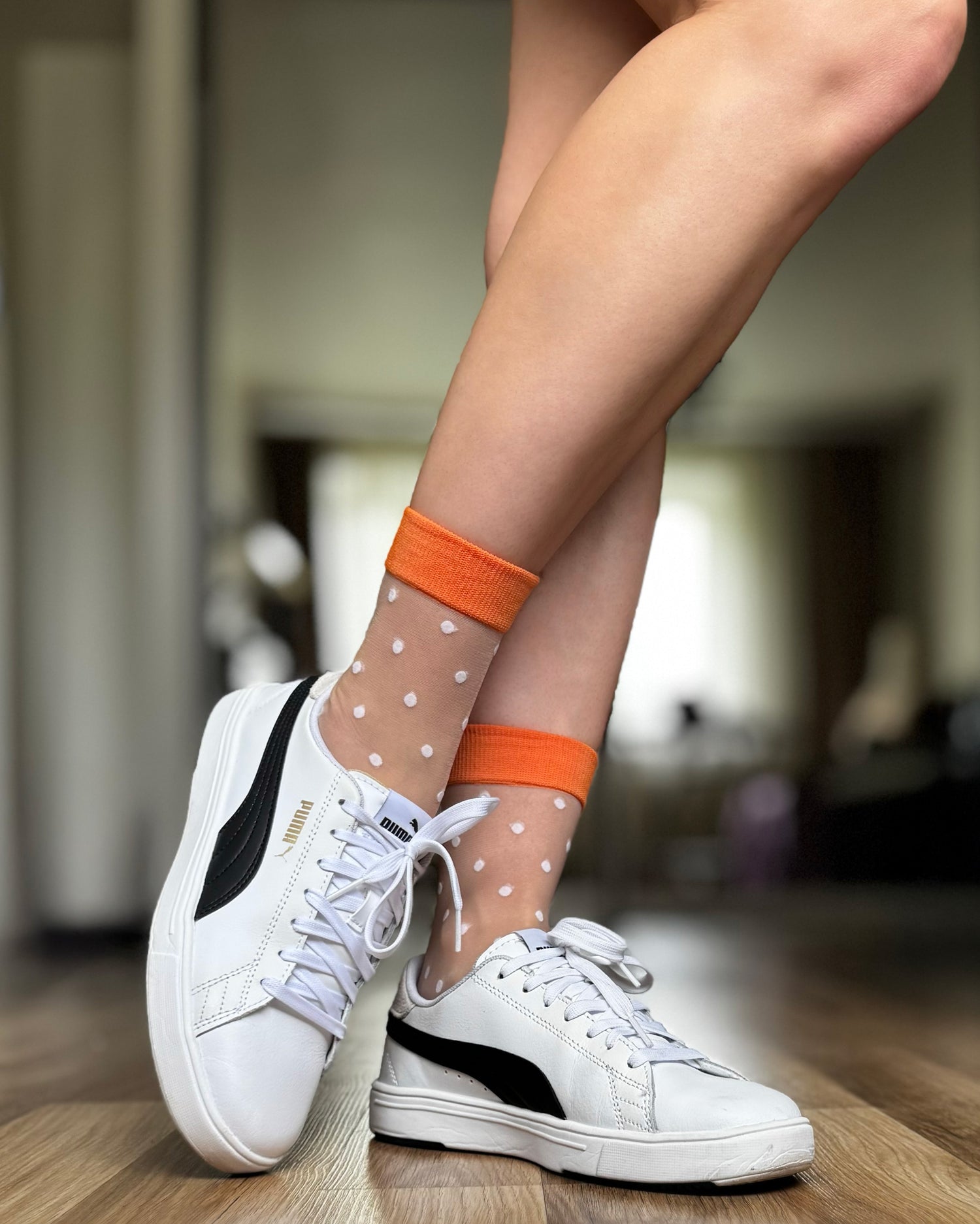 Ohdita Women's sheer polka dot socks - white and orange socks, Sheer crew socks