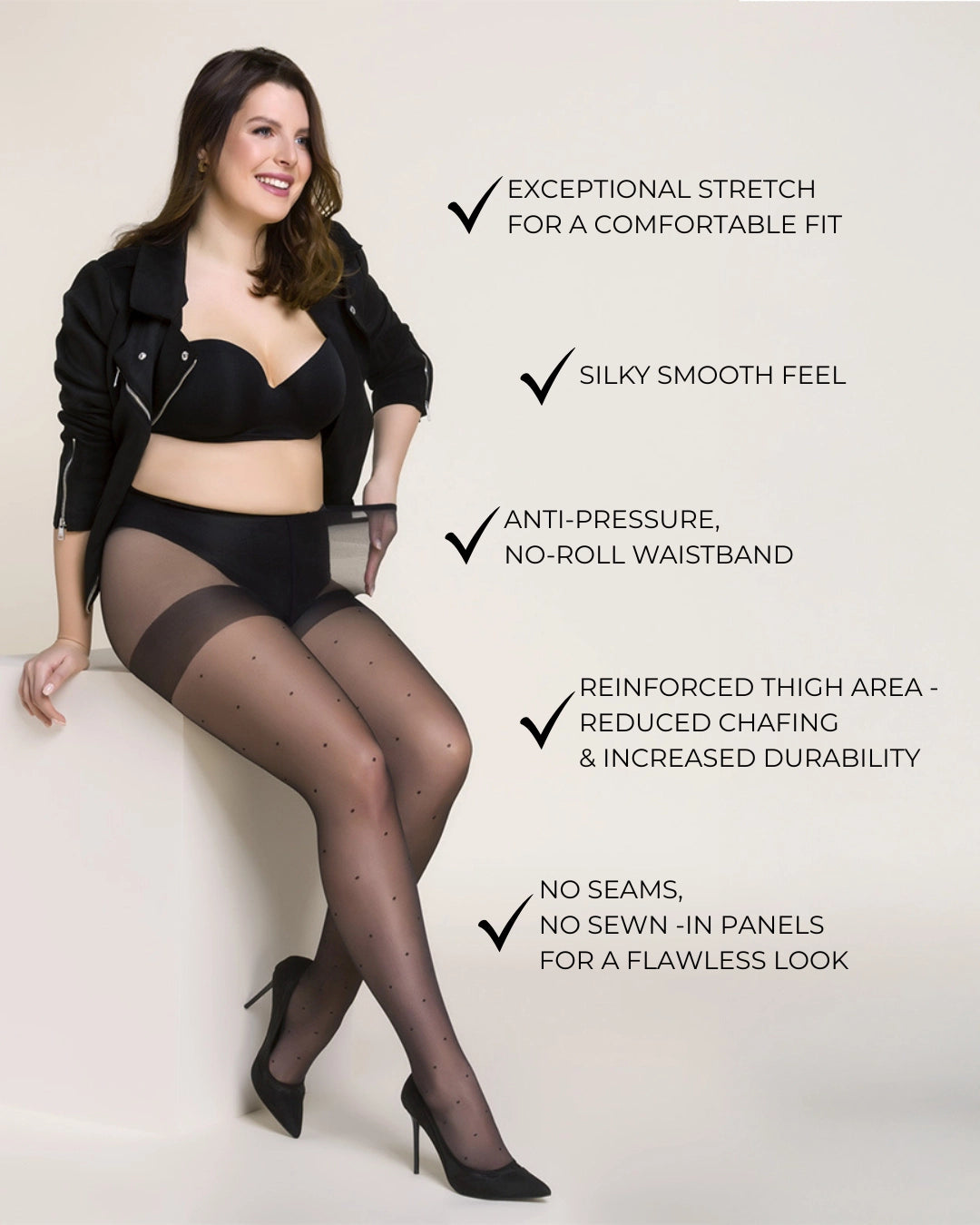 black plus size pantyhose with polka dots, patterned fashion tights for women