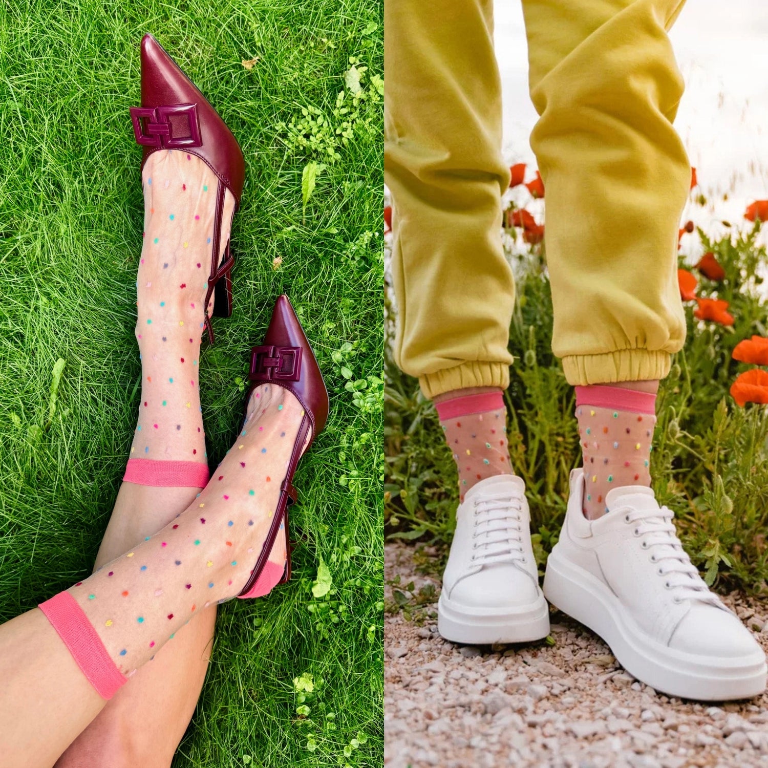One picture with sheer socks with colorful polka dots and high heels. The second picture with polka dot socks and white sneakers. Both see through socks in coral pink. Fancy socks, cool socks, crew socks