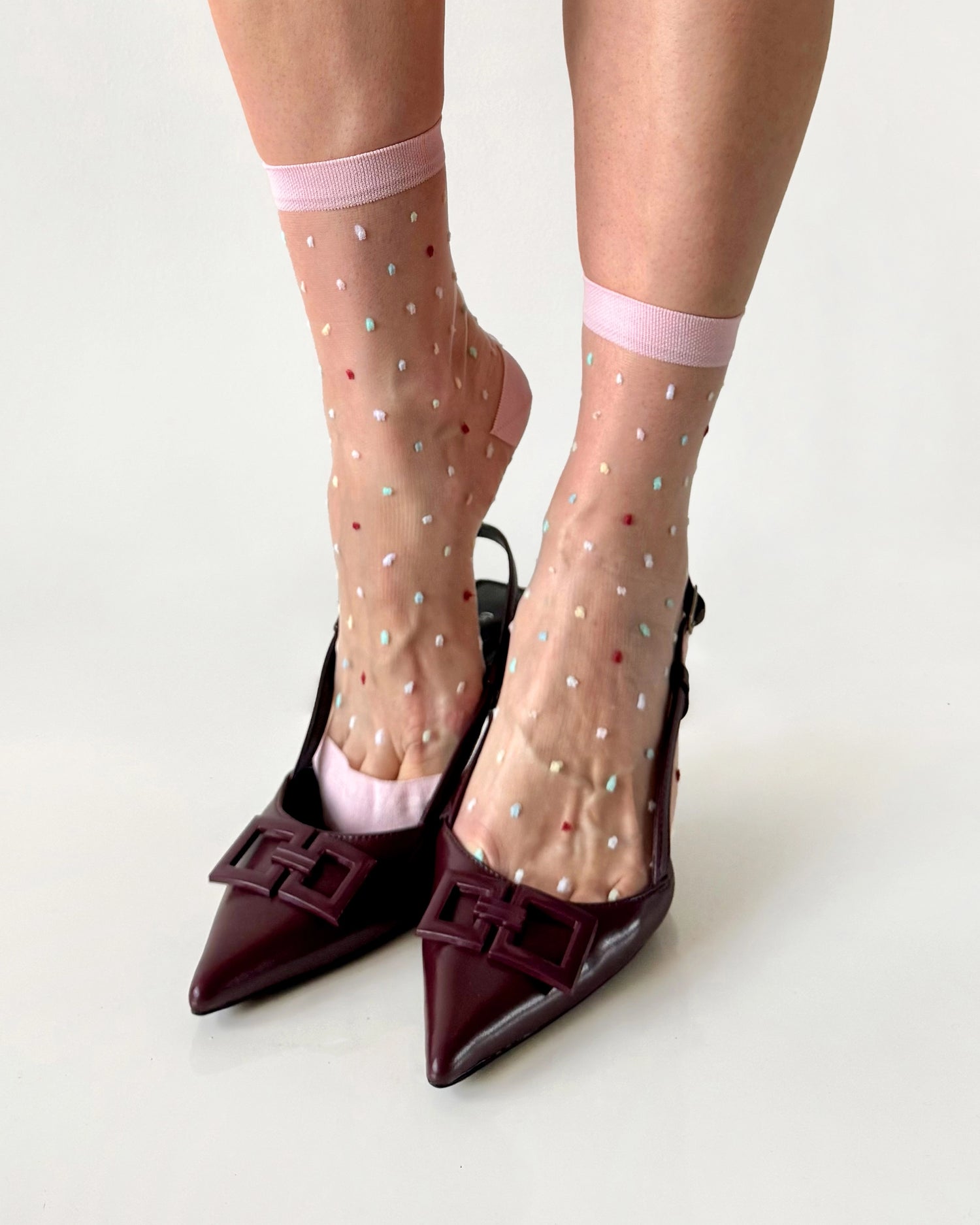 fashion crew socks, womens sheer socks, polka dot socks pink
