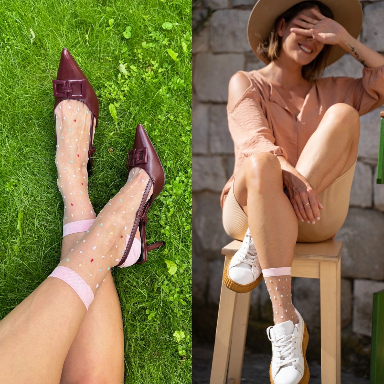 Two images: one of burgundy high heels with sheer polka dot socks in pink, another of a woman wearing white sneakers with see through socks. sheer socks, fashion socks, womens crew socks