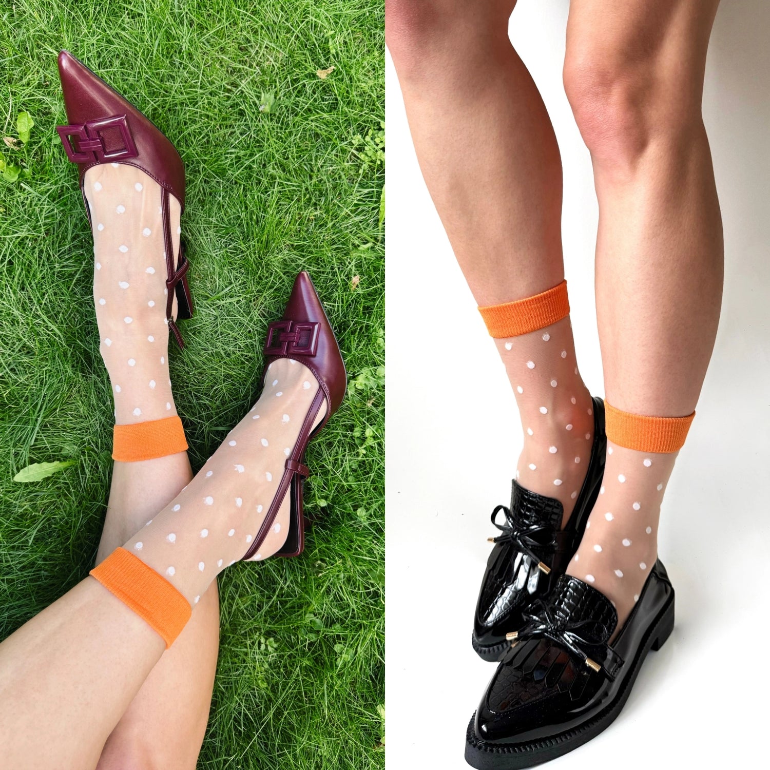 Two images showing polka dot socks white with orange bands worn with high heels and black shoes. Womens sheer socks, fashion crew socks, nylon socks