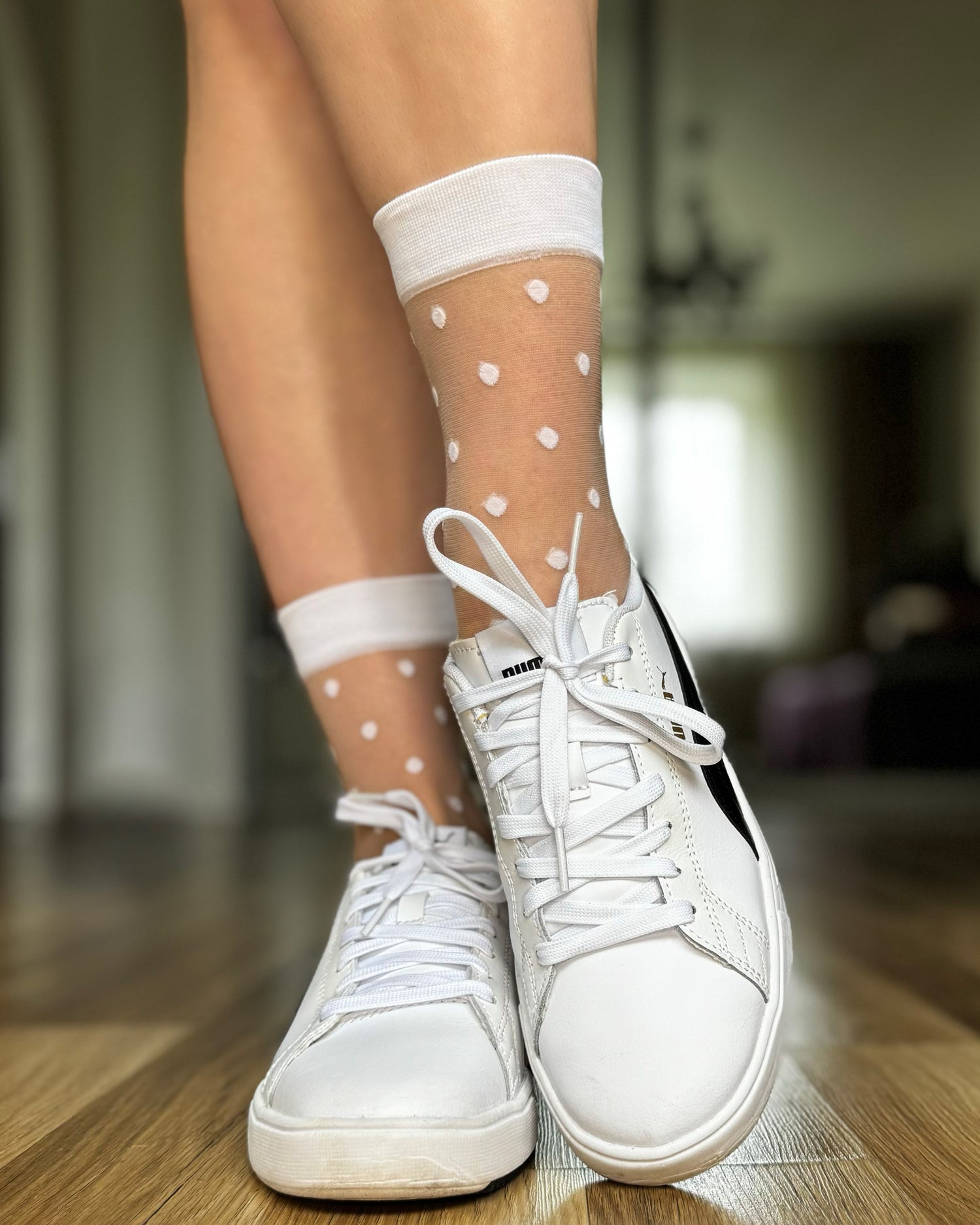 Ohdita polka dot socks, women's sheer socks with white dots, crew socks