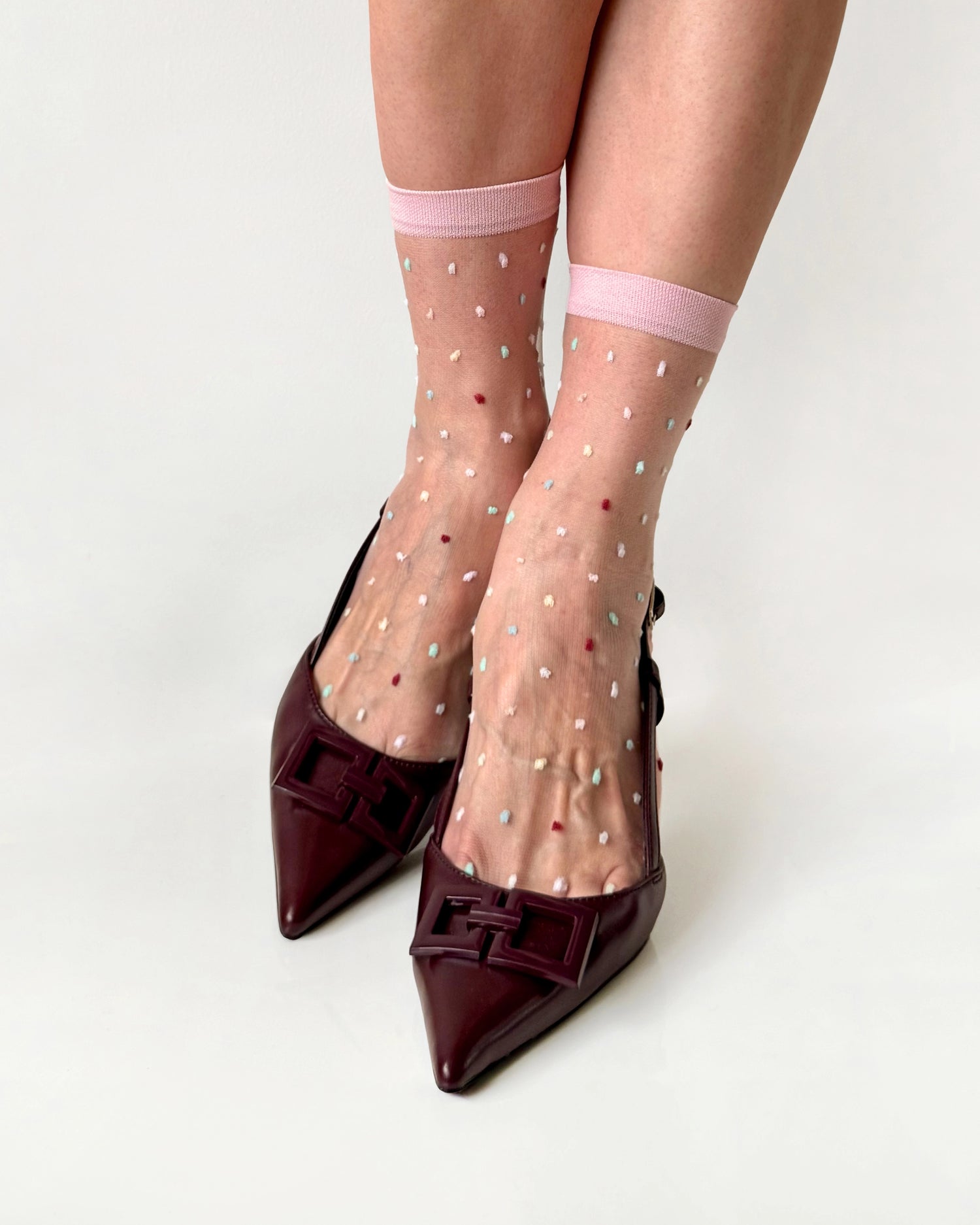 womens sheer socks, fashion crew socks, polka dot socks with colorful dots and pink rim