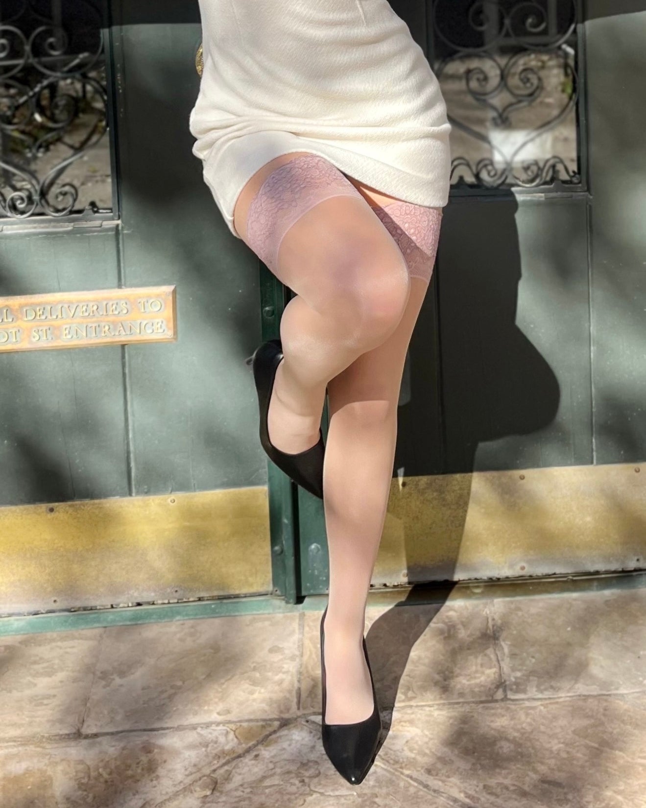 Sheer thigh high lace top stockings in beige. Wedding stockings