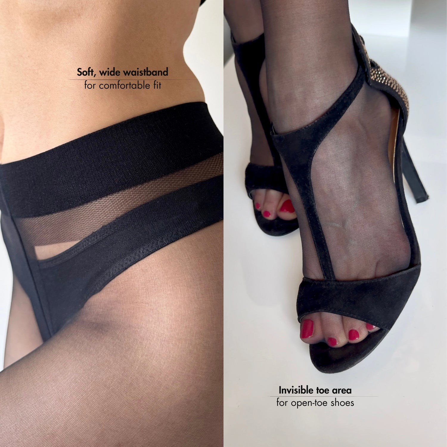 black ultra sheer pantyhose, run resistant sheer black tights for open-toe shoes