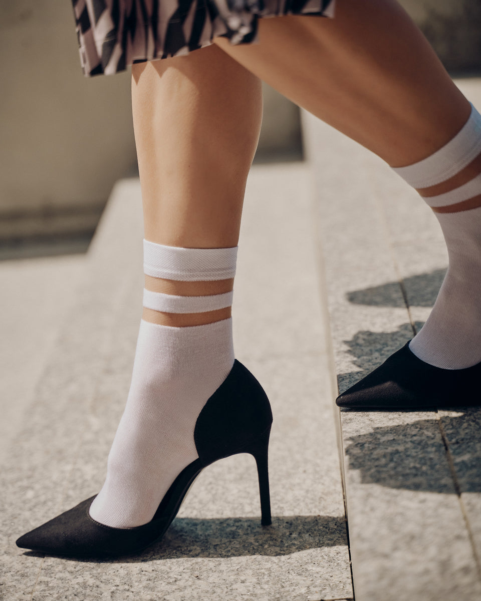 White fashion crew socks with sheer nylon details
