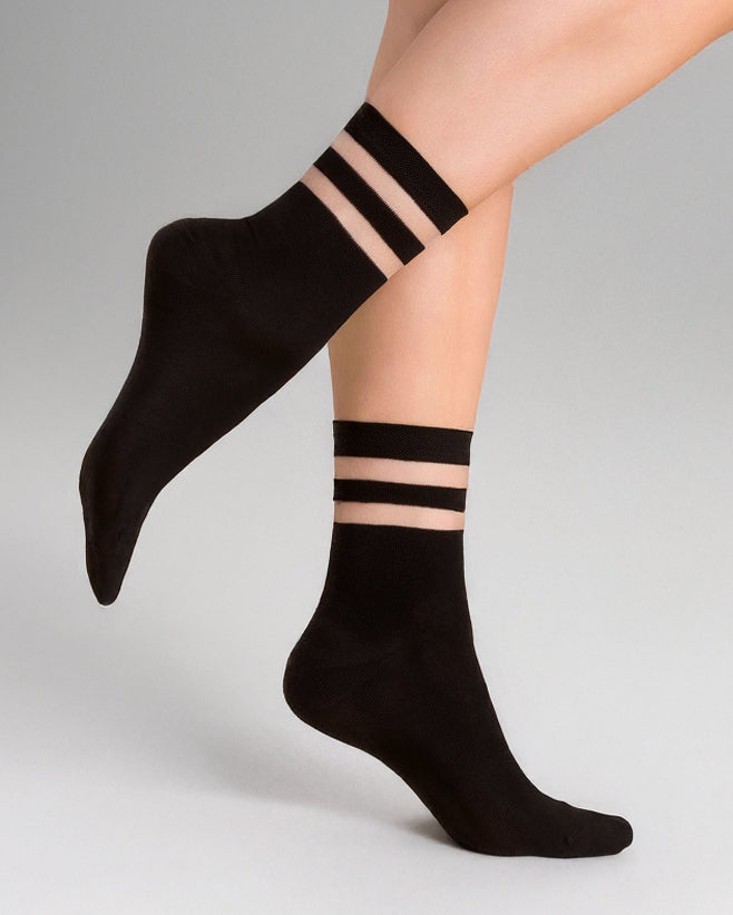 black fashion crew socks with sheer stripes
