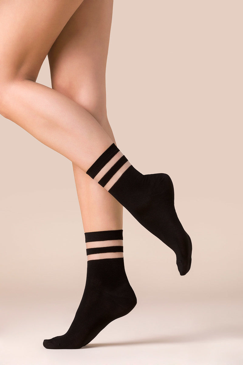 black fashion crew socks with sheer stripes