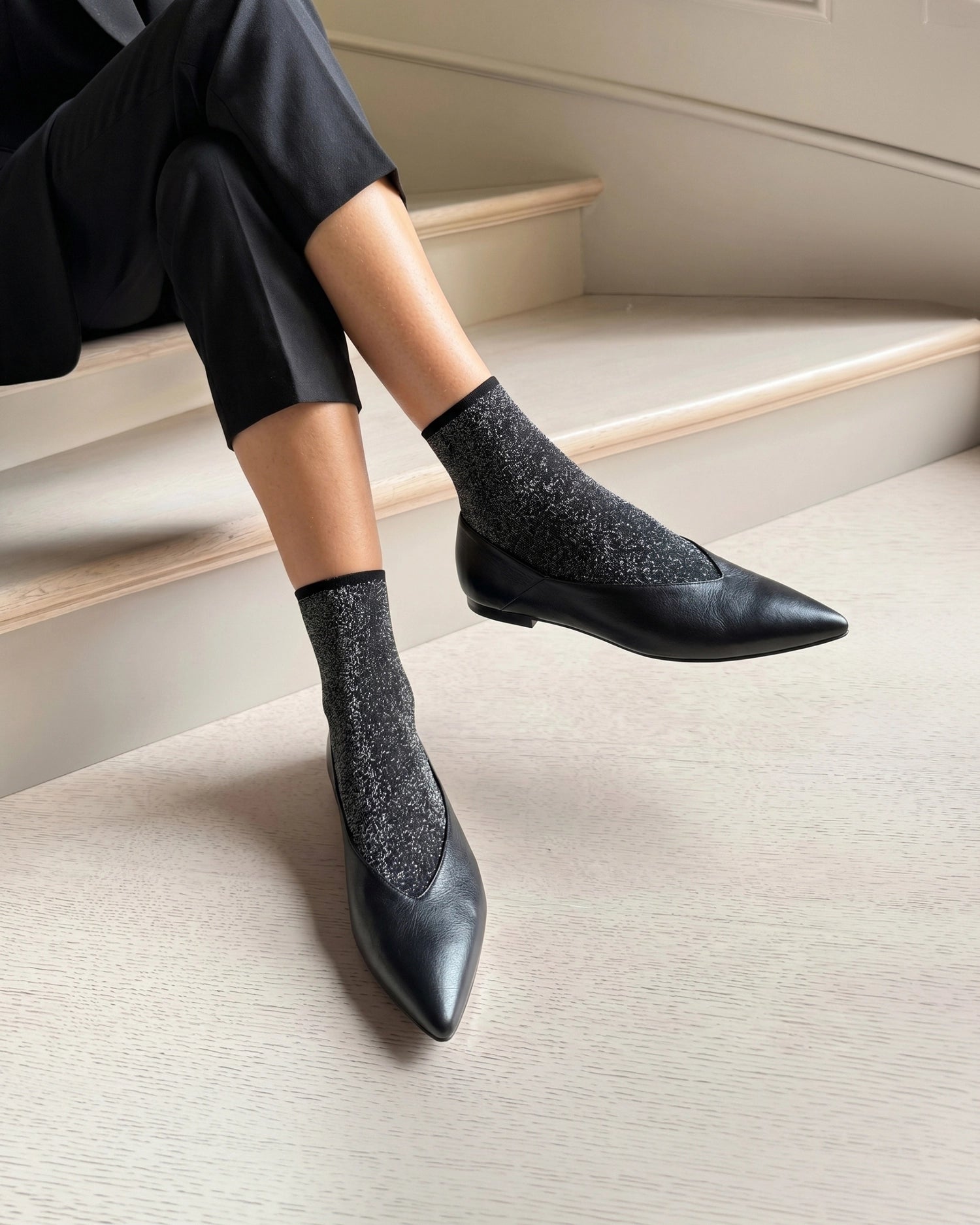 Ohdita black ankle socks with lurex. Chic seamless socks for women with a soft, non-pressure cuff for wearing with closed-toe shoes and sneakers. These fancy socks will elevate any outfit and pair well with dressy outfits. Great for cooler days in summer, fall, winter and spring.  
