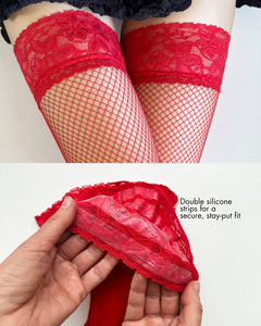 Ohdita red thigh high stockings with double silicone strips for a secure, stay-up fit.​ Fishnet thigh highs that stay up, don't slide down and look gorgeous on legs from size small to plus size XL.