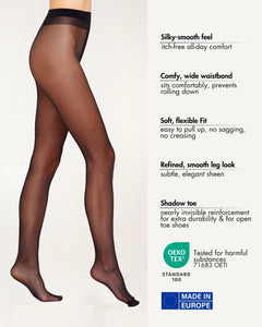Silky smooth sheer black tights in beige with a wide waistband and an incredibly soft feel against the skin. These sheer black pantyhose don't sag or roll down, and they’re easy to pull up thanks to their super stretchy fit.