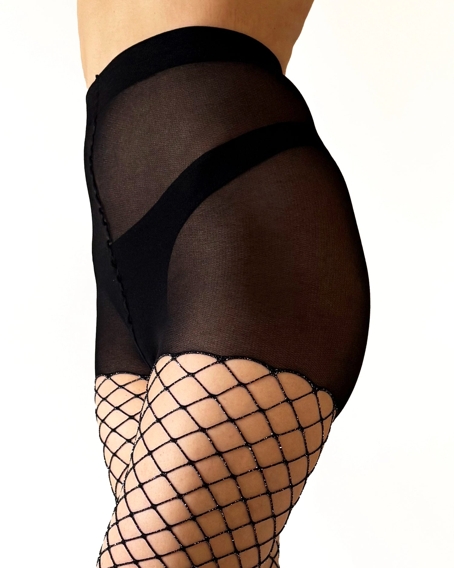 Black fishnet stockings with reinforced nylon brief area 