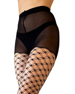 Closeup of black fishnet tights, wide net fishnet pantyhose with pattern