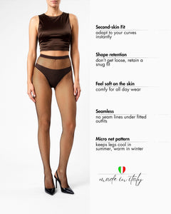 Ohdita seamless brown fishnet tights in a coffee shade featuring a micro net mesh pattern. The high quality fishnet pantyhose are made in Italy and provide shape retention - they don't get loose and retain a snug fit.  Ultra-soft, stretchable mesh fabric keeps legs cool in summer and warm in winter. 