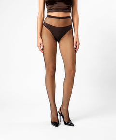 Dark brown fishnet tights and black high heels. Italian fishnet pantyhose in a dark chocolate or coffee shade. The fishnets feature a micro-net mesh suitable for all-season wear, from summer, fall, and winter to spring.