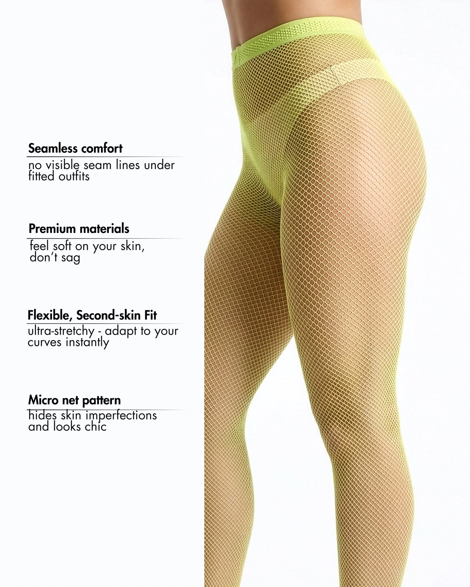 Women's neon green fishnet tights. High quality citron green tights made in Italy. Super soft against the skin, durable and ultra stretchy. Perfect for concerts, festivals and styling fashion outfits.