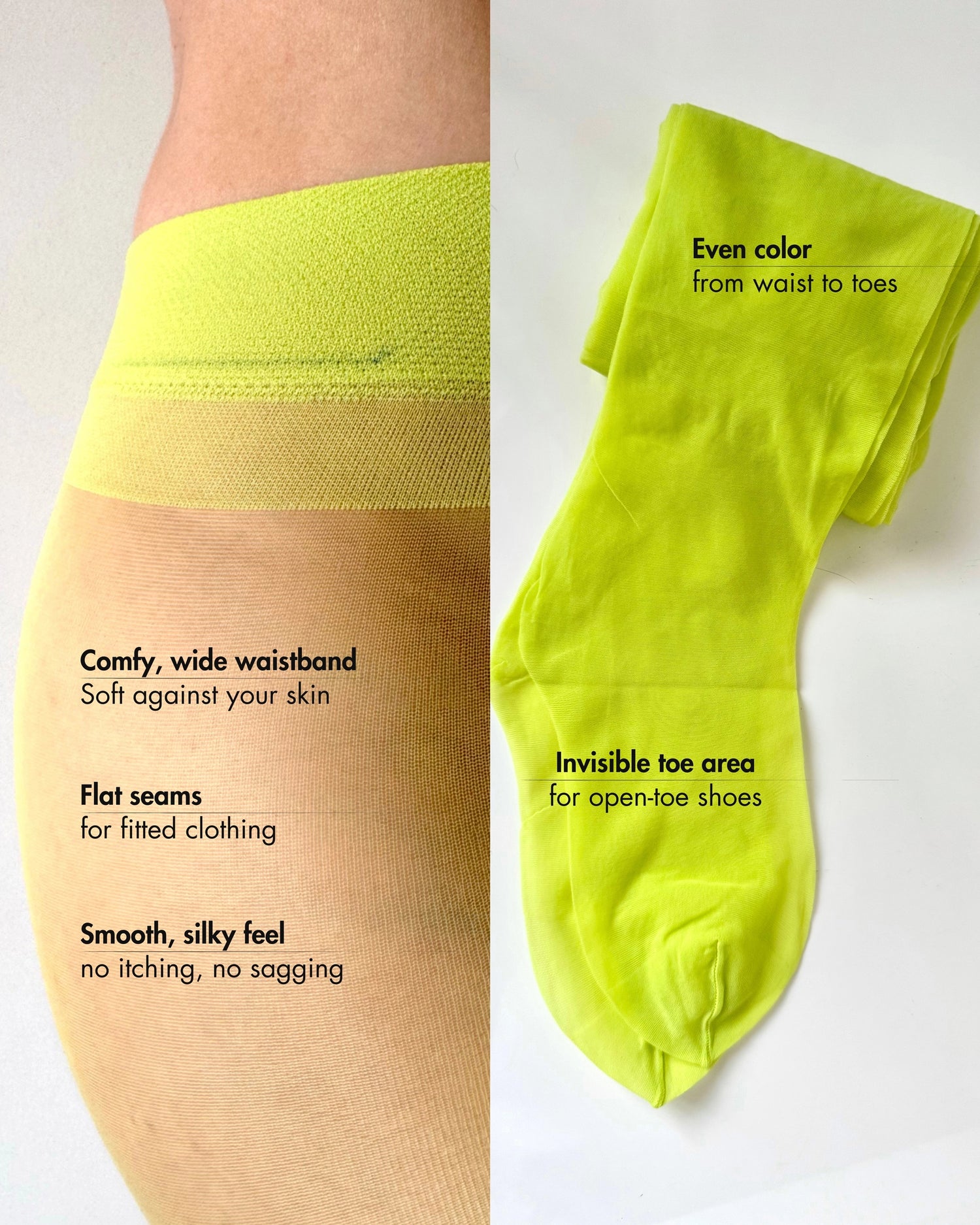 Women's sheer green tights, green pantyhose, neon green tights, lime green tights, premium colored tights made in Italy with even color from waist to toe.
