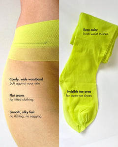 Women's sheer green tights, green pantyhose, neon green tights, lime green tights, premium colored tights made in Italy with even color from waist to toe.