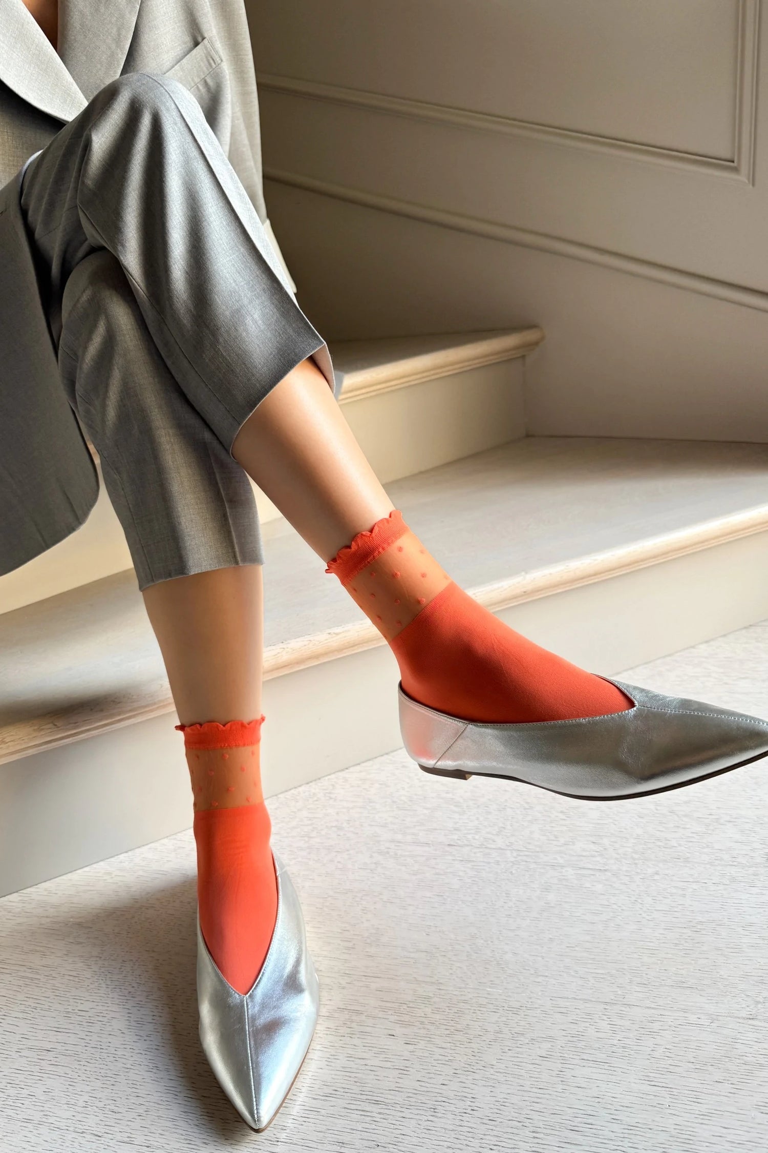 Ohdita orange ruffle socks. Ultra soft fashion socks for elevated casual, chic and classy outfits. Lightweight nylon orange socks for summer, fall, winter and spring.