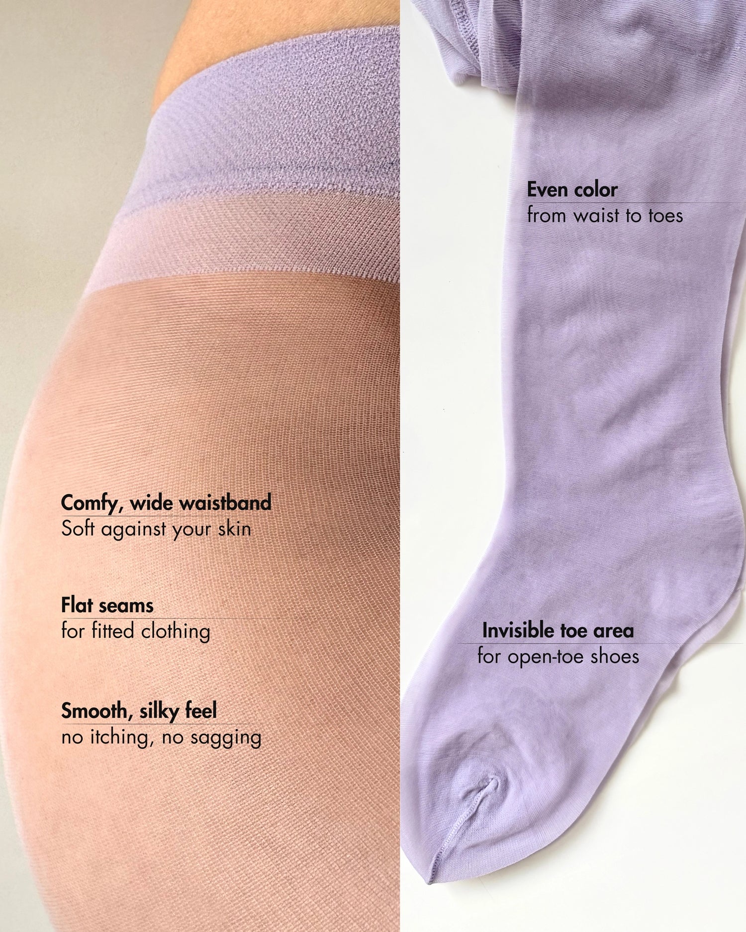 purple tights for women, lavender tights providing even color from waist to toes, high quality colored tights.