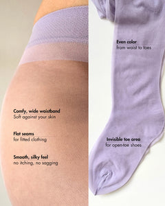 purple tights for women, lavender tights providing even color from waist to toes, high quality colored tights.