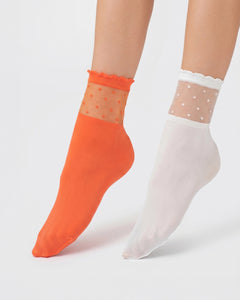 Ohdita women's white ruffle socks and orange socks. Ultra soft fashion socks for elevated casual, chic and classy outfits. Lightweight nylon ankle socks for summer, fall, winter and spring.