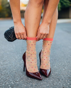 Ohdita sheer socks, polka dot socks with colorful dots, dark pink cuffs and toes for women who enjoy dressing up and an aesthetic style. Fancy fashion socks for elevated casual style or chic dressy outfits. Lightweight summer socks for fashion styling - perfect with heels, sneakers, dresses, shorts and jeans.