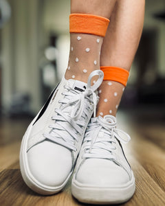 Ohdita Women's sheer polka dot socks - white and orange socks, nylon socks