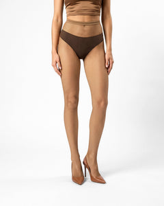Brown fishnet tights in a tan shade. Fishnet pantyhose featuring small net mesh. Italian made skin colored tights for  a smooth tanned leg look.