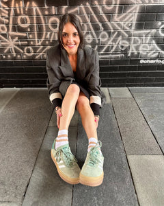 Ohdita fashion crew socks, chic fashion socks​ for women. Very comfortable lightweight white socks with sheer stripes on the cuff for all day wear - great for summer, fall, winter and spring. Fashion socks for elevated casual outfits. Pair these with sneakers, loafers or any closed toe shoes. 