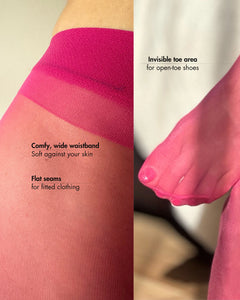 Ohdita pink sheer tights with comfy, wide waistband. Colorful tights with sheer invisible toe area for open toe shoes.