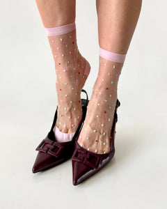 fashion crew socks, womens sheer socks, polka dot socks pink