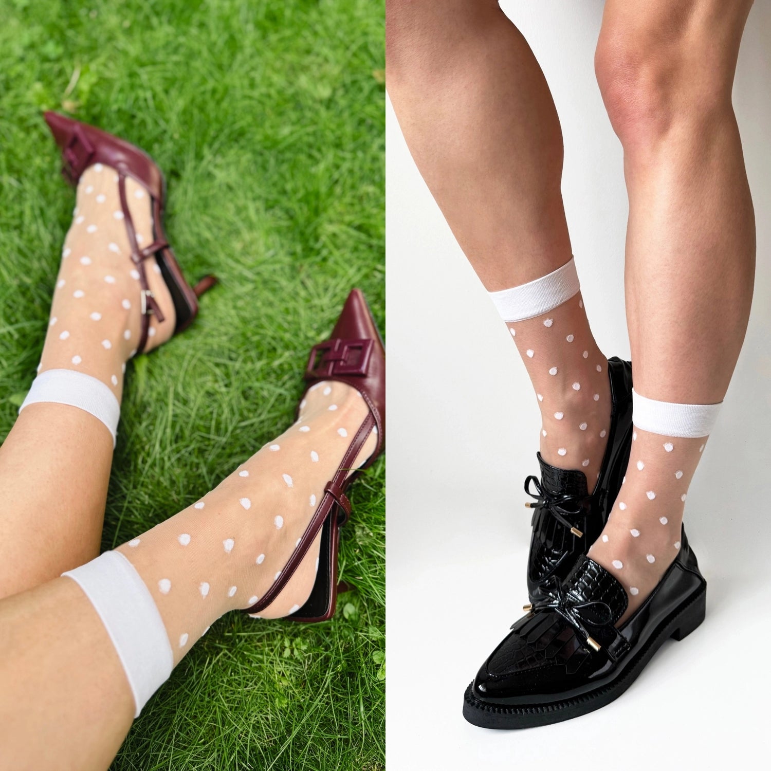Two images showing polka dot sheer socks with pointy slingback heels in burgundy and black loafers. Fancy white polka dot socks. see through socks, crew length socks.
