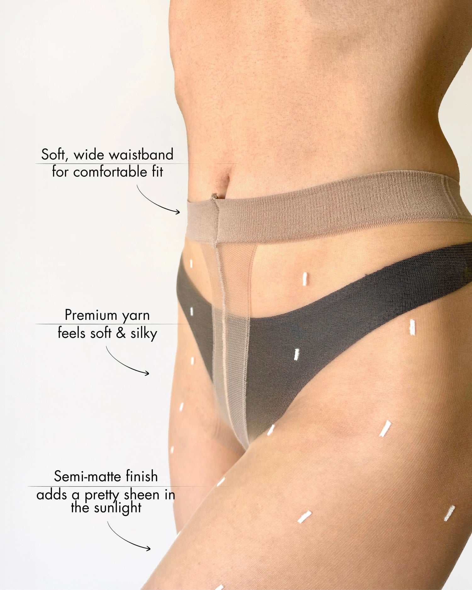 Women's polka dot tights in beige with white dots, sheer to waist pantyhose.