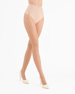 Women's polka dot tights in beige with white dots, sheer to waist pantyhose, summer stockings.
