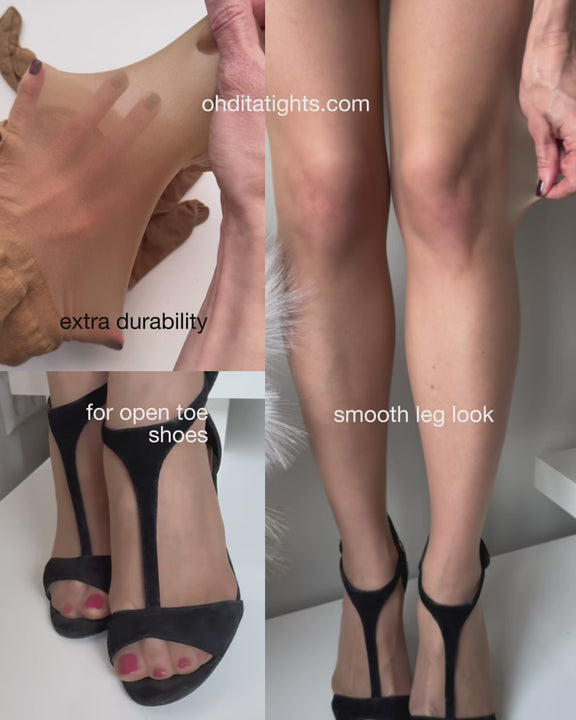Ohdita ultra sheer skin tone tights that make your legs look smoother and provide extra run resistance. Summer tights that don’t cause overheating and feature an invisible toe that looks great with open-toe shoes.