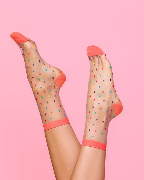 Womens sheer socks, polka dot socks, pink socks 