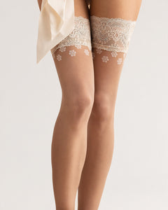sheer thigh high stockings with flower pattern and off white lace top